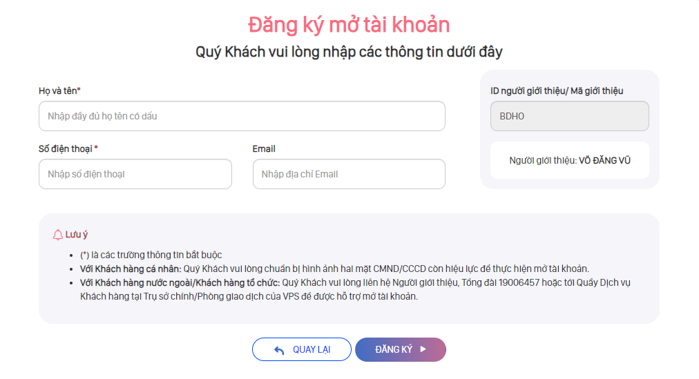 Hướng dẫn đăng ký tài khoản chứng khoán VPS online