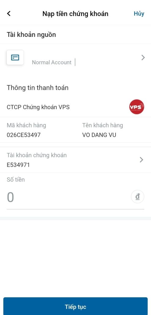 Nạp tiền chứng khoán VPS Smartone từ VPBank