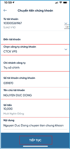 Nạp tiền chứng khoán VPS từ Vietinbank